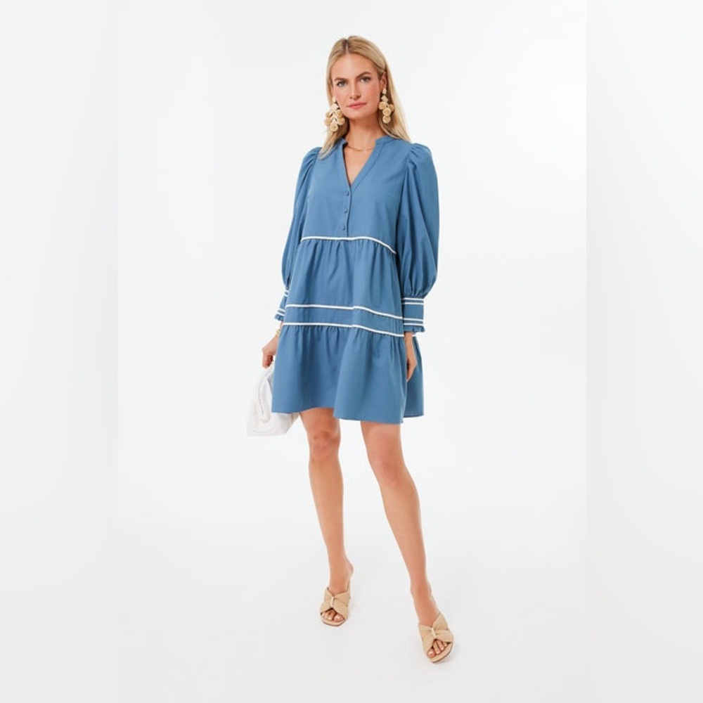 Pomander Place Blue Long Sleeve Tiered V-Neck Dress with White Trim - Picture 2 of 10